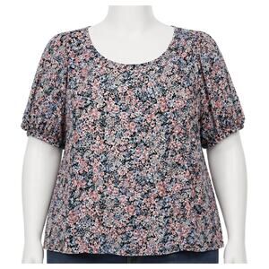 Angels Blouse Plus 3X Blue Pink Floral Tie Back Short Sleeve Cottage Romantic